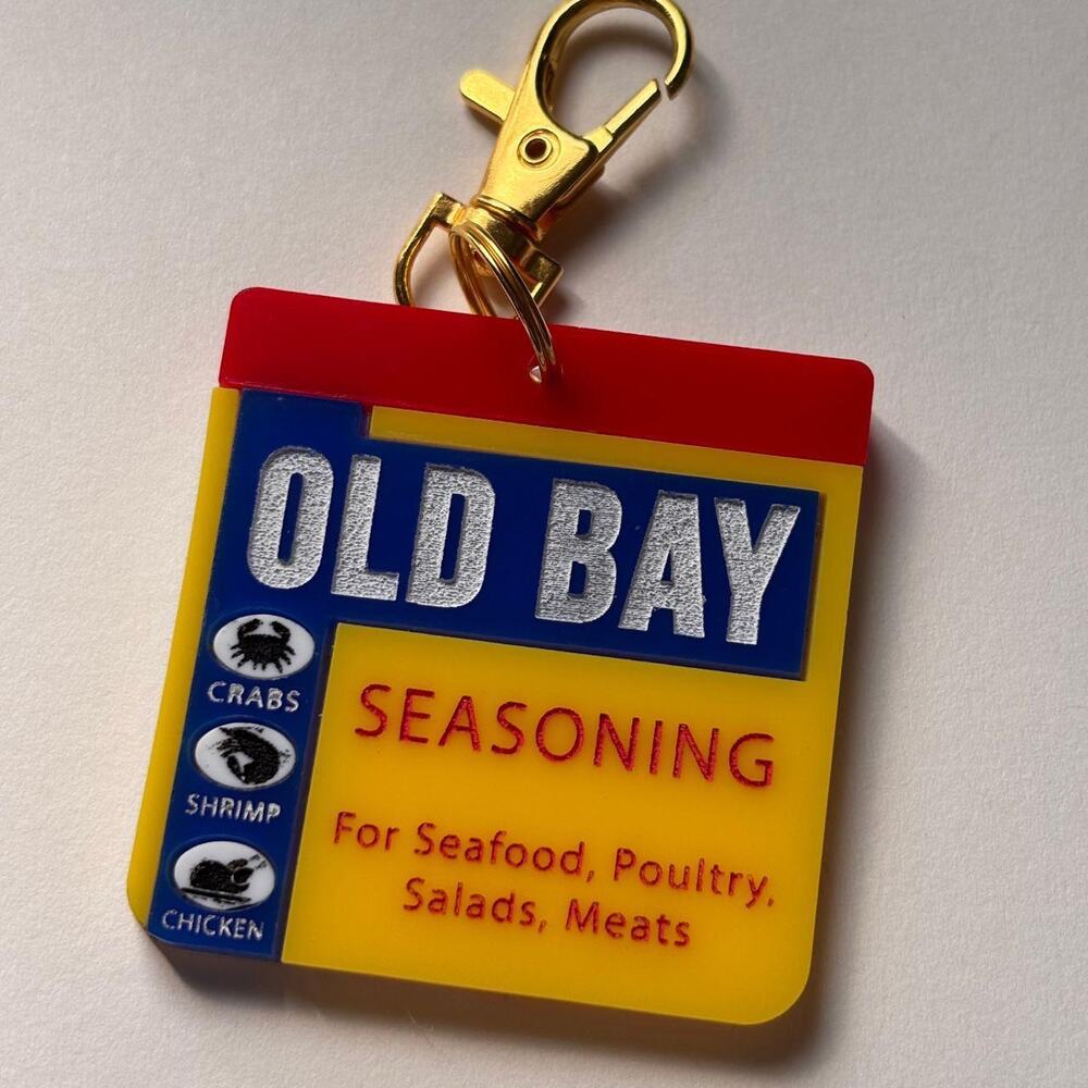 Old Bay Seasoning Acrylic Keychain Bag Charm Handmade Foodie Gift